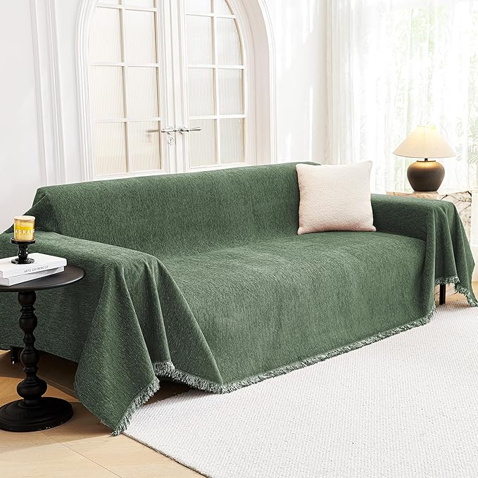 MYSKY HOME Couch Cover for Sofa Couch Covers for Pets, Non Slip Dogs Furniture Protector with Tassels for Living Room Non Slip Washable Furniture Protector Cover for Pet, Cat, 91"x118", Moss Green