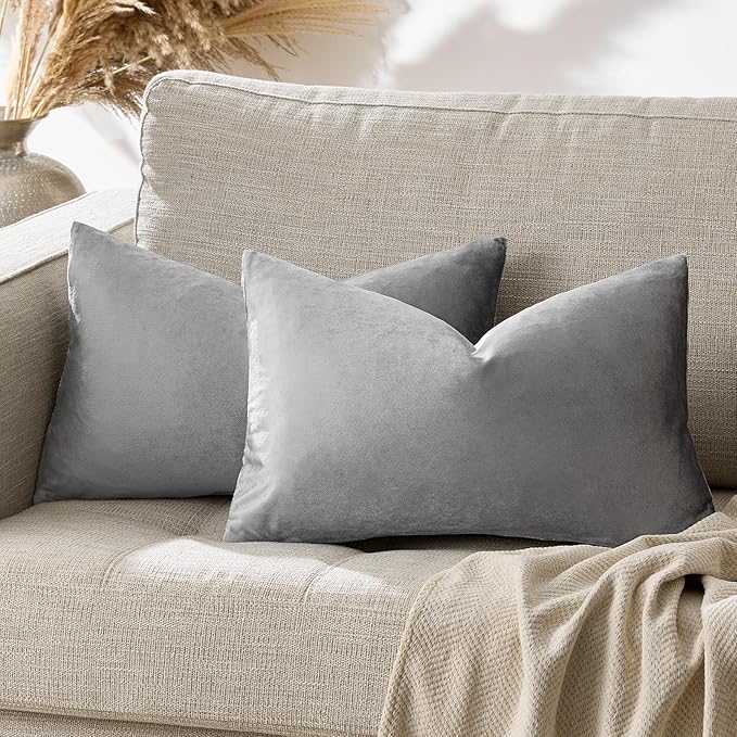 GIGIZAZA 12x20 Velvet Small Pillow Covers, Set of 2 Dark Grey Lumbar Throw Pillows Modern Covers for Living Room Decorative Luxury Solid Couch Sofa Pillow Cases