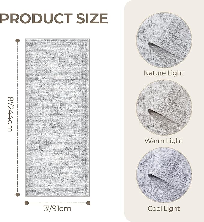 3x8 Runner Rug Non Slip Washable for Entryway, Vintage Hallway Runner for Front Porch, Laundry Room, Bedroom, Abstract Stain Resistant Thin Indoor Kitchen Mats for Floor(3'x8', Grey/Ivory)