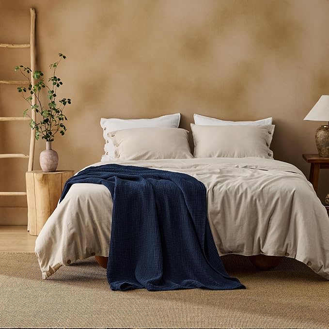 Bedsure 100% Cotton Muslin Blankets for Adults Large Throw 50x70 Inches - 4-Layer Breathable and Lightweight, Soft Boho Gauze Muslin Cotton Blanket for Couch Decor Travel Summer, Navy Blue