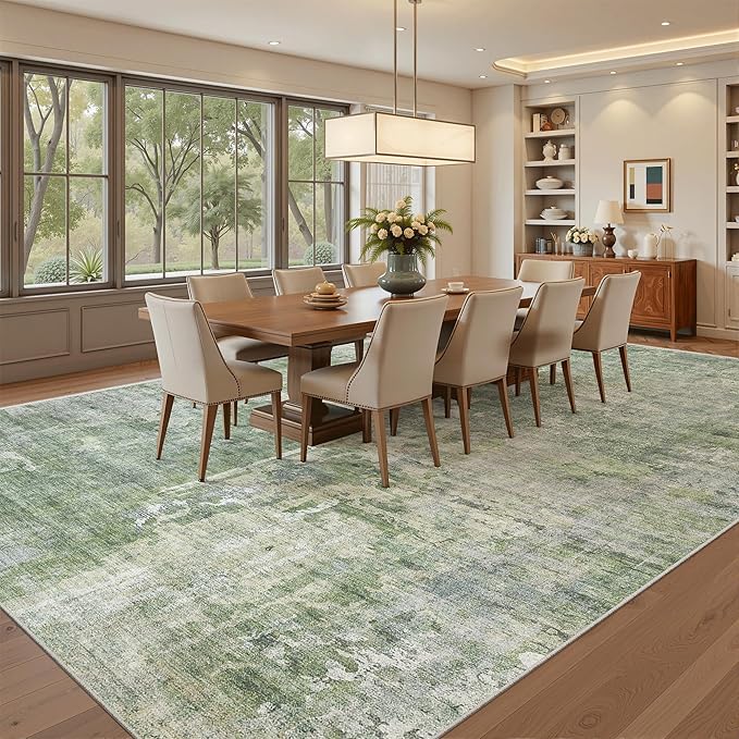 9x12 Area Rugs for Living Room, Non-Slip Machine Washable Vintage Rugs, Abstract Low Pile Lightweight Large Rug for Bedroom, Dining Room, Home Office Green Ivory