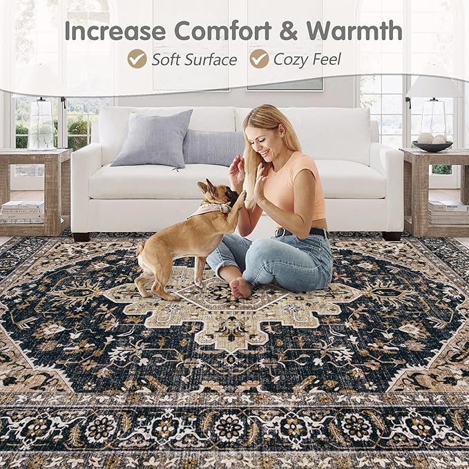 Area Rugs 9x12 Vintage Rug: Large Washable Living Room Rug Retro Medallion Distressed Soft Low Pile Non-Slip Indoor Floor Carpet for Bedroom Dining Table Office (BeigeBlack,9'x12')
