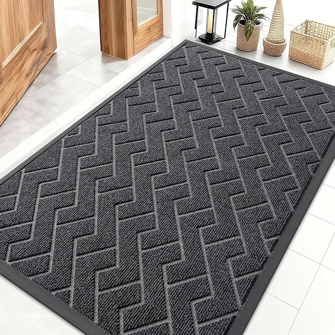 OLANLY Front Door Mat Indoor Outdoor Entrance, Waterproof All-Season, All-Weather Doormat, Sturdy Natural Rubber, Low Profile, Easy Clean Patio Porch Entryway Mat, Herringbone Brick (Grey, 47x32)
