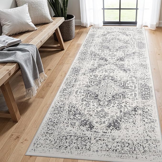 4x8 Washable Hallway Runner Rug - Wide Kitchen Runners Vintage Low Pile Carpet Soft Thin Floor Runner with Rubber Backing for Entryway Bedroom Living Room Home Decor (Distessed Grey)