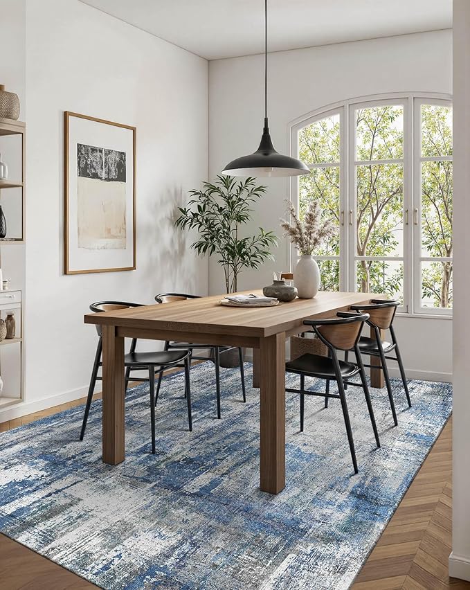 Latte&Fog 5x7 Area Rugs for Living Room Bedroom, Blue Modern Abstract Neutral Washable Rug, Boho Non Slip Low Pile Carpet for Dining Room,Dorm,Classroom,College Dorm and Farmhouse - Blue Grey