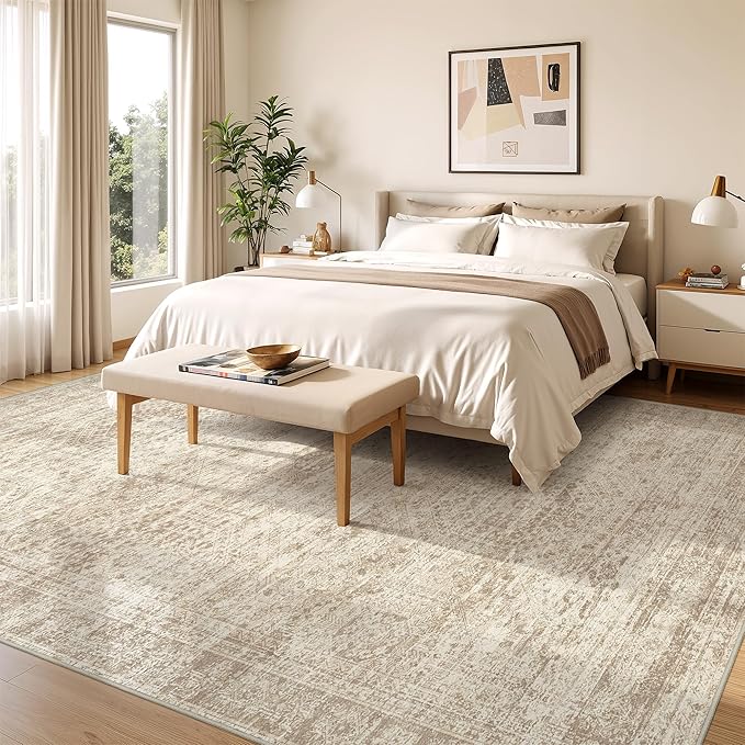 8x10 Area Rugs for Living Room, Non-Slip Backing Large Washable Rug for Nursery Room, Vintage Abstract Bedroom Rugs, Thin Indoor Home Decor Soft Farmhouse Rug (8'x10', Beige/Ivory)