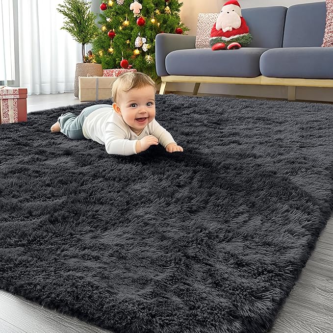 OLANLY 4x9 Area Rugs for Living Room Bedroom, Machine Washable Soft Fluffy Shaggy Bedside Rug, Indoor Floor Carpet for Kids Girls and Boys, Dorms, Nursery Rooms, Home Decor Aesthetic, Black