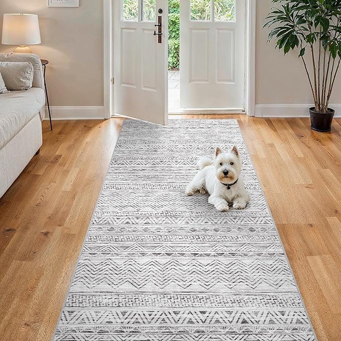 4x8 Washable Hallway Runner Rug：Moroccan Non-Slip Wide Runners for Entryway Kitchen Soft Modern Geometric Low-Pile Rugs for Living Room Thin Waterproof Carpet for Bedroom Bathroom Laundry(Grey,4x8)