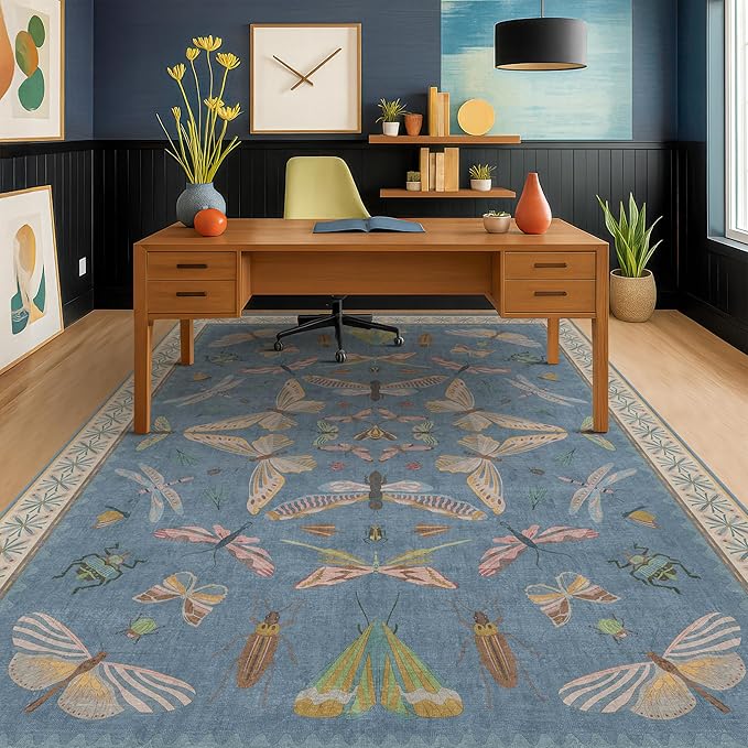 Hazo Haus 6x9 Blue Floral Rug for Dining Room Table - Area Rugs for Living Room, Bedroom, Insect Moth Art Nouveau Décor, Washable Lightweight Foldable Non Slip