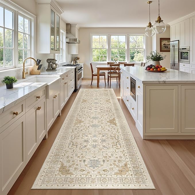 Madane Hallway Runner Rug 2'6''x10' Kitchen Runner, Non Slip Vintage Runners for Hallways 10ft Washable Kitchen Rugs Soft Low Pile 2.5x10 ft Rug Runner for Entryway and Bedroom, Beige/Blue