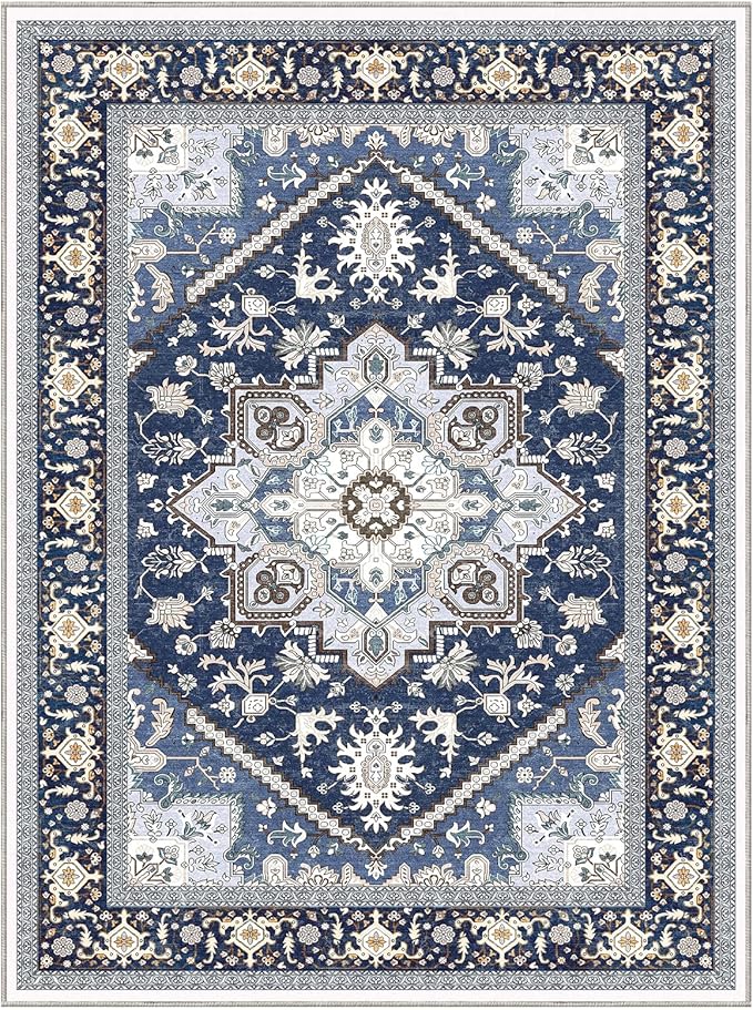 OPPODREAM Soft Area Rugs 9x12 Living Room, Washable Rugs 9x12 with Non Slip Backing, Faux Cashmere Low-Pile 9 x 12 Carpet, Navy Blue & Gold