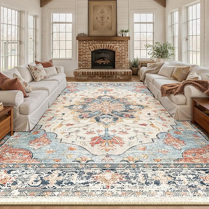 Area Rugs 10'x14' Washable Non-Slip, Floral Vintage Distress Print Pattern Medallion Carpet for Living Room Bedroom Dining Room, Beige Navy Blue Orange Colorful
