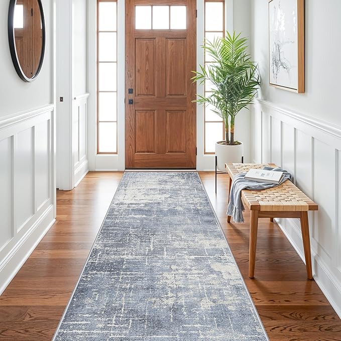 Abstract 3x10 Kitchen Rug Runners: Washable 10ft Hardwood Floor Mat Bathroom Living Room Bedroom Beside Mat Non-Slip Hallway Entry Area Rug Soft Indoor Farmhouse Carpet for Families(3x10,Blue/Ivory)