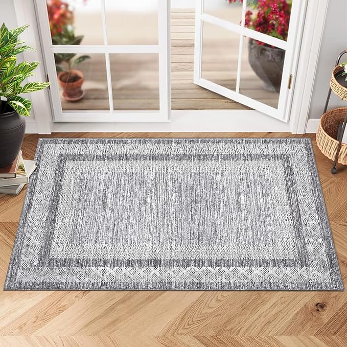 GarveeHome Modern Geometric Area Rug 2x3 Distressed Bordered Washable Non Slip Floor Small Carpet Non Shedding Thin Soft Low Pile Rug, Contemporary Gray Rug for Dining Room, Living Room