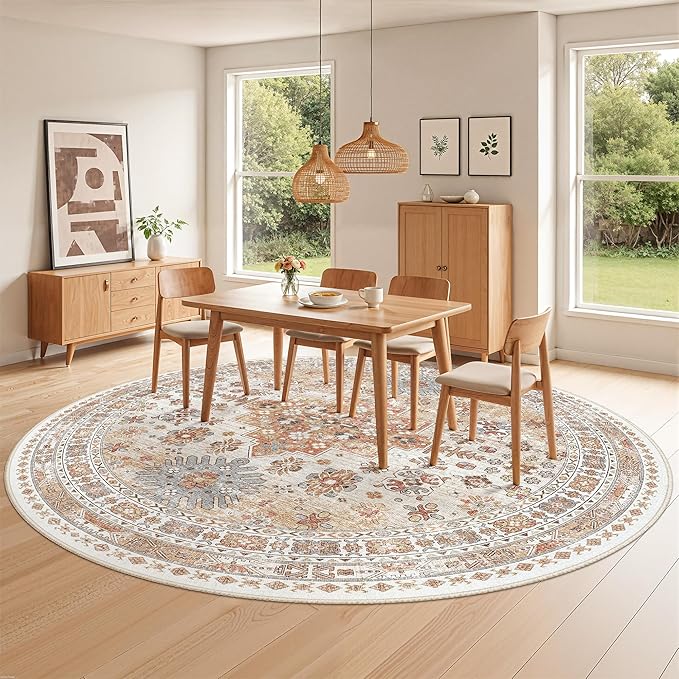 zesthome 9ft Round Rugs for Living Room, Non-Slip Washable Round Area Rugs, Ultra-Thin Large Circle Rugs, Soft Low Pile Rug for Bedroom, Kitchen - Vintage Stain Resistant Round Rug (Orange,9'x9')