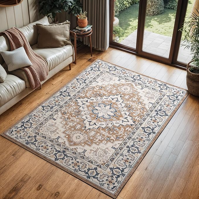 Lofus 3x5 Area Rugs for Living Room, Machine Washable Area Rug, Soft Small Rugs for Bedroom, Kitchen, Office and Indoor, Vintage Boho Carpet, Non-Slip Low Pile Carpets, Floral Brown