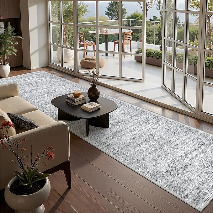 Long Hallway Runner Rug- Carpet Runners for Hallway 12ft, Anti Slip Backing Washable Rug Runner for Bathroom, Entrance, Living Room, Soft Low Pile Modern Rug Runner(2'x12', Grey/Ivory)