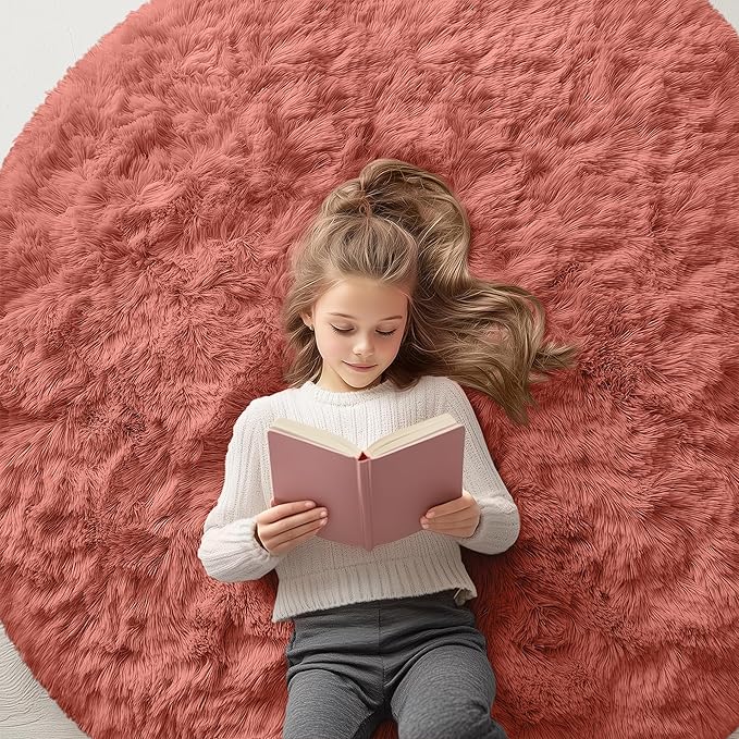 OLANLY Rust Red Round Rugs for Bedroom - Machine Washable, 5 ft Circle Area Rugs for Living Room, Soft and Fluffy Shaggy Carpet for Teen Girl and Boys, Nursery Rooms, Dorms, Home Decor Aesthetic