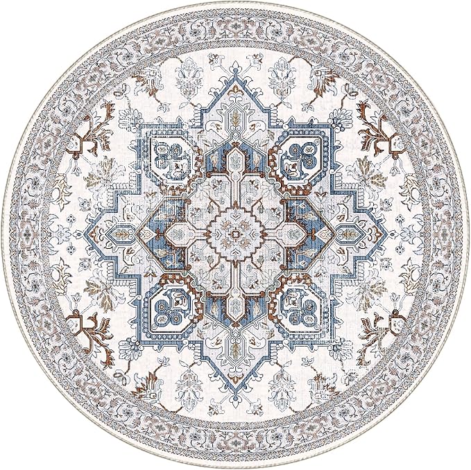 OPPODREAM Soft Round Rug 4ft, Neutral Washable Circle Rug 4ft with Non Slip Backing Play Room, Low-Pile Carpet 4 ft, Small Faux Cashmere Throw Carpet, Cream White & Blue & Light Brown