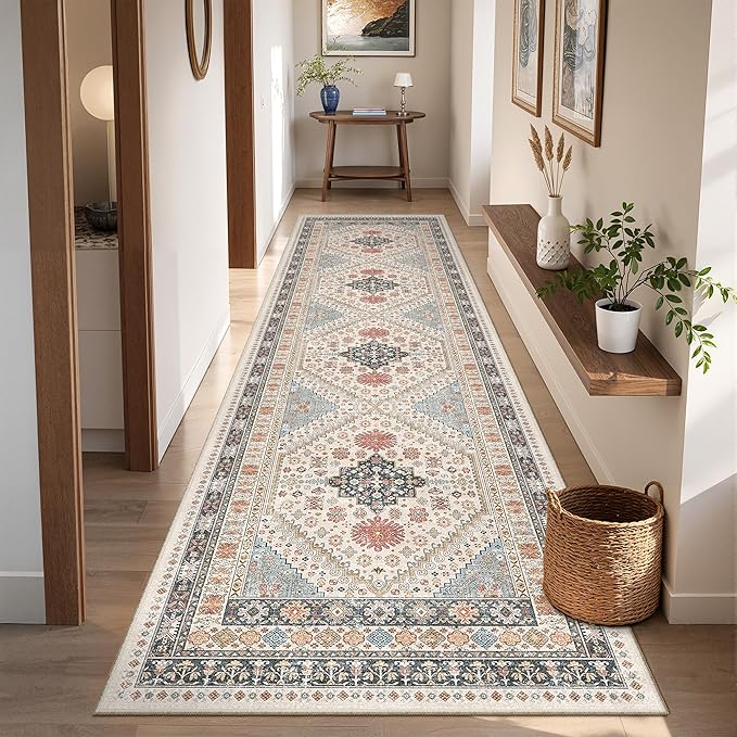 Runner Rug 2x8 Runners for Hallways Non Slip Washable, Vintage Hallway Runner Rugs for Living Room, Low Pile Soft Hallway Rug for Kitchen Bedroom Laundry Room Rug(Blue/Red/Multi,2'x8')