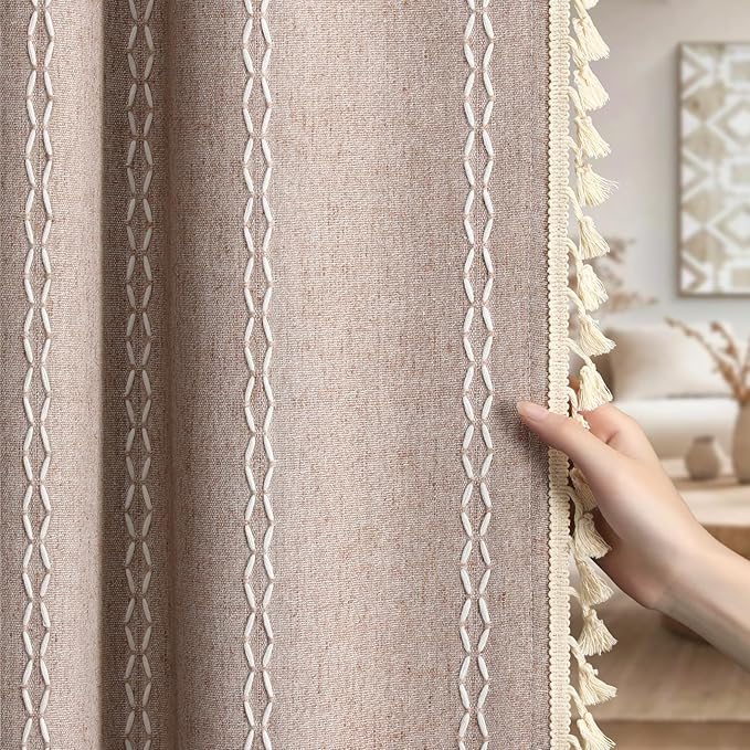 Taupe Boho Blackout Curtains 2 Panels 84 Inch for Living Room Bedroom, Blush Beige Warm Linen Texture Farmhouse Curtains with Tassels and White Cotton Embroidery Vintage Rustic Country Western