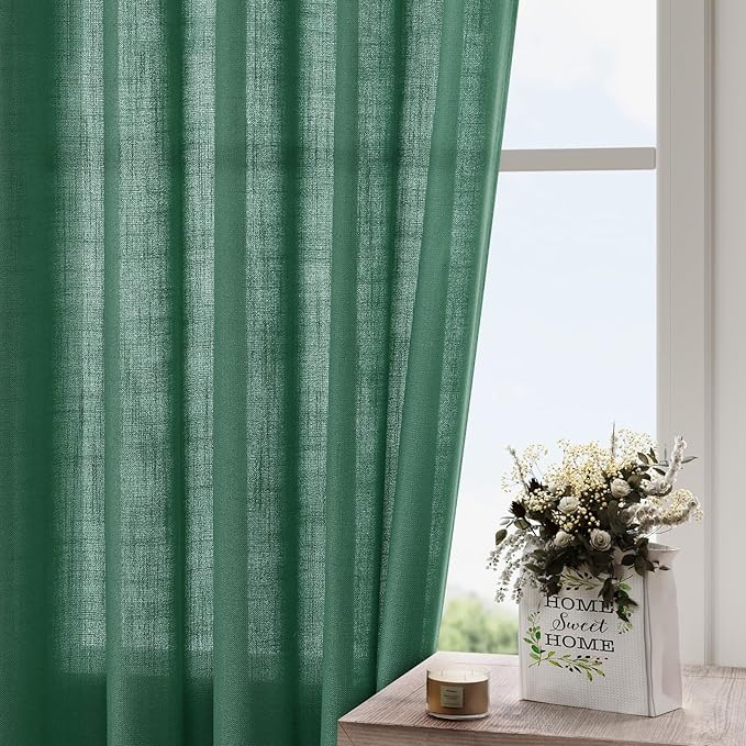 Dark Green Linen Curtains 90 Inch Long 2 Panels Set for Bedroom Living Room Emerald Green Linen Textured Window Drapes Semi Sheer Light Filtering Rod Pocket Back Tab Farmhouse Curtain 52x90