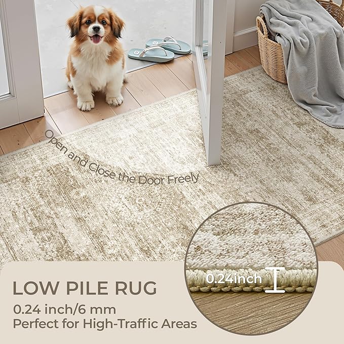 2x7 Runner Rug Non Slip, Thin Entryway Washable Rug for Entryway, Runners for Hallways, Low Pile Vintage Abstract Soft Rugs for Living Room, Kitchen, Bedroom(2'x7', Brown/Ivory)