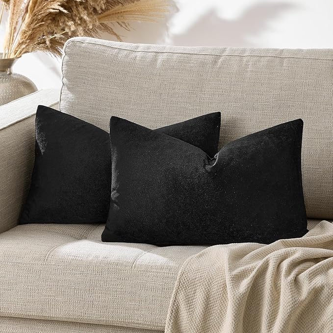 GIGIZAZA Black Velvet Pillow Covers 12x20,Decorative Lumbar Throw Pillows Modern Covers Small Solid Living Room Pillow Cases for Couch Pack of 2