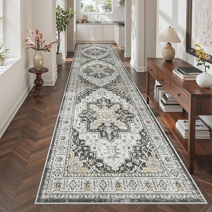 Madane Hallway Rug 3x10, Kitchen Rugs Washable Entryway Rug Vintage Kitchen Runners Non Slip Indoor Area Rug Farmhouse Carpet Runner for Bathroom Living Room Bedroom, Black
