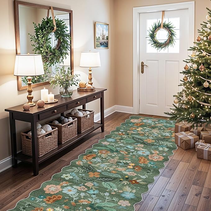 Washable 3x10 Hallway Runner Rug: Floral Scalloped Soft Runners for Entryway Kitchen Nursery Non Slip Bathroom Floor Mat Water Resistant Light Weight Carpet for Living Room Bedroom (3x10 Floral/Green)