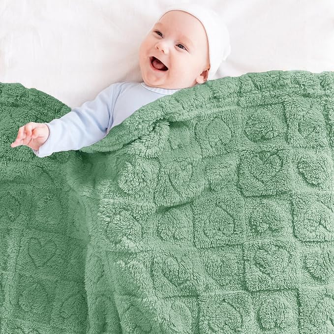 Yurhap Fleece Baby Blanket Heart Checkered, Ultra Soft Cozy Baby Blankets for Boys Girls, Fluffy Infant Toddler Newborn Receiving Gifts for Crib Stroller 30"x40" (Sage Green)