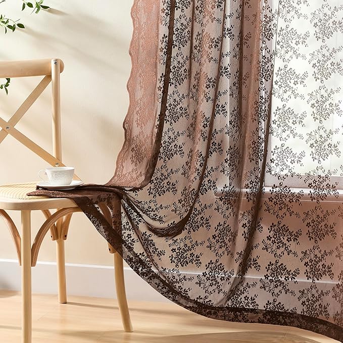 YJ YANJUN Vintage Lace Curtains 84 Inches Long-Victorian Floral Boho Brown Sheer Curtains for Living Room Bedroom, Light-Filtering Rustic Farmhouse Window Treatment, Chocolate 2 Panels 52W x 84L