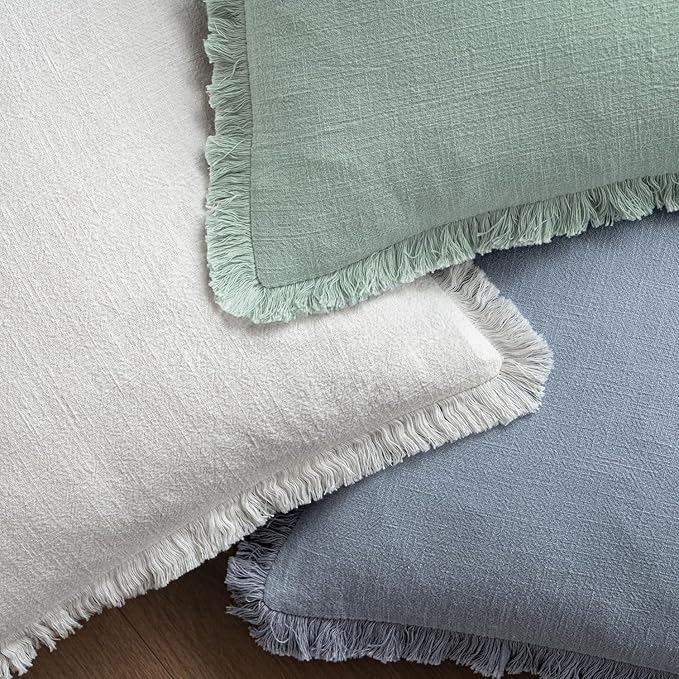 MIULEE Decorative Throw Pillow Covers Neutral Linen Fringe Throw Pillows Set of 2 Light Blue Boho Farmhouse Cushion Covers with Tassels for Couch Sofa Bed Living Room Spring Home Decor 20x20 Inch