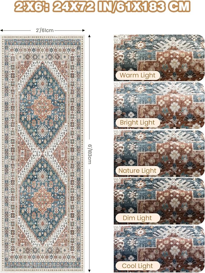 Runner Rug 2x6, Ultra-Thin Entryway Rug Non Slip Washable Rugs for Laundry Room, Runners for Hallways, Vintage Soft Rugs for Living Room, Kitchen, Bedroom(Blue/Red,2'x6')