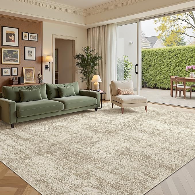 Madane 9x12 Area Rugs for Living Room, Soft Vintage Beige Area Rug with Non Slip Backing, Washable Non-Shedding Low Pile Large Print Floor Carpet for Home Office Decor