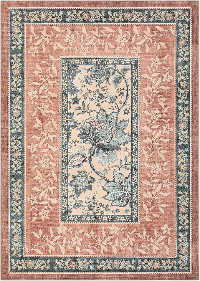 GarveeHome Terracotta Teal Area Rugs 9x12 Living Room, Botanical Grove Cottage core Washable Non-Slip Rug for Bedroom Dining Nursery Low-Pile Vintage Large Soft Carpet