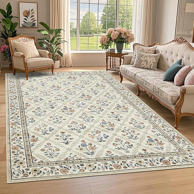 Large Entryway Rug 3x5 Floral Washable Area Rugs Vintage Soft Non-Slip Small Floor Carpet Doormat Stain Resistant Low-Pile Ultra-Thin Entry Mat for Bedside Kitchen Beige