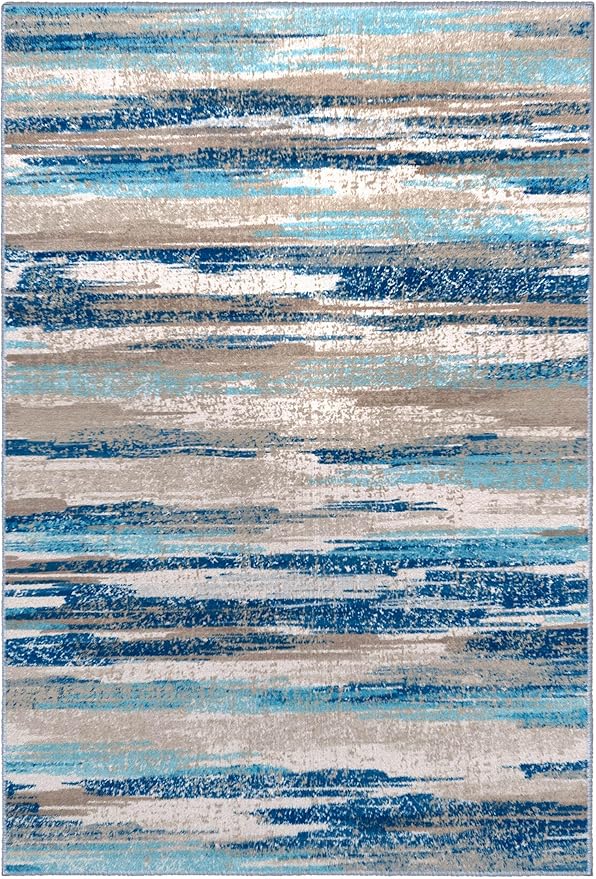 Lansny Modern Abstract 5x7 Machine Washable Area Rug Non-Slip Soft Bedroom Living Romm Rug Blue Ultra Thin Print Faux Wool Floor Carpet Throw Rugs for Nursery Playroom Dining Room Indoor Office
