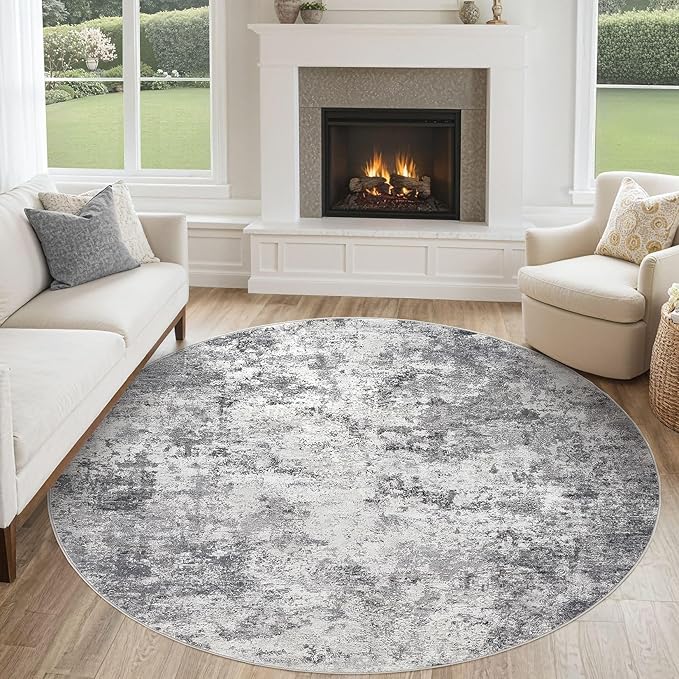 UERMEI 6ft Round Area Rug Living Room Rugs - 6x6 Washable Neutral Modern Abstract Soft Thin Rug Indoor Floor No Slip Rug Carpet for Bedroom Under Dining Table Home Office Decor - Grey