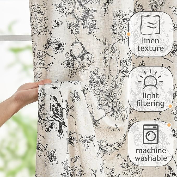 jinchan Linen Floral Curtains for Living Room 96 Inch Length Black Printed Flower Light Filtering French Country Curtain Farmhouse Cottage Core Toile Curtains Back Tab Window Drapes Set 2 Panels