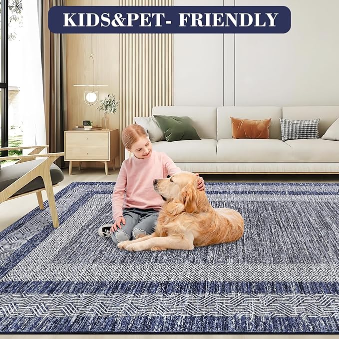 GarveeHome Modern Geometric Area Rug 4x6 Distressed Bordered Washable Non Slip Floor Carpet Non Shedding Thin Soft Low Pile Contemporary Navy Blue Rug for Dining Room, Living Room