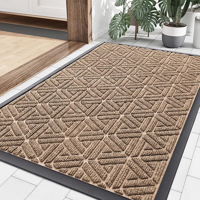 Smiry Front Door Mat Outside Entrance, Heavy Duty Sturdy Natural Rubber Doormat, Trap Dirt and Moisture, Easy Clean Low Profile Mats for Indoor Outdoor Entry, Grid Geometric (35x23, Coffee)
