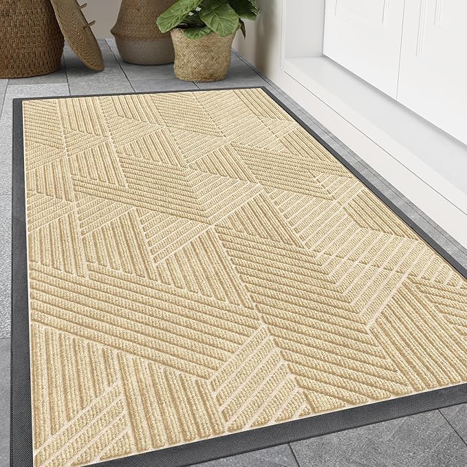 Smiry Front Door Mat Outside Entrance, Heavy Duty Sturdy Natural Rubber Doormat, Trap Dirt and Moisture, Easy Clean Low Profile Welcome Floor Mats for Indoor Outdoor Entry, 59x34 Inch, Beige