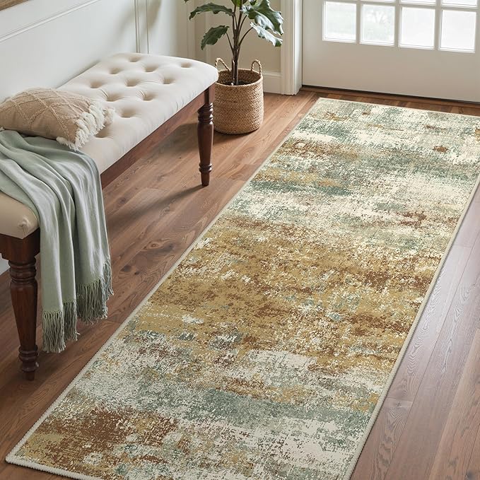 BEIMO Runner Rug for Hallway Kitchen, 2'6"x6' Machine Washable Runners Rug for Entryway, Soft Modern Abstract Throw Rugs, Low Pile Floor Cover with Non Slip Backing, Orange Green