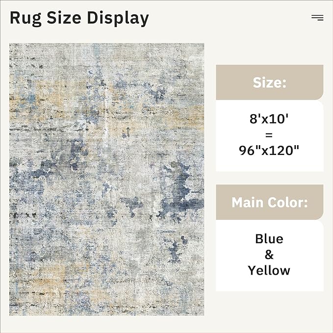 Abstract Rug 8x10 Large Living Room Rugs Neutral Modern Washable Area Rugs for Bedroom Dining Room Non-Slip Stain Resistant Foldable Thin Rug Blue Yellow