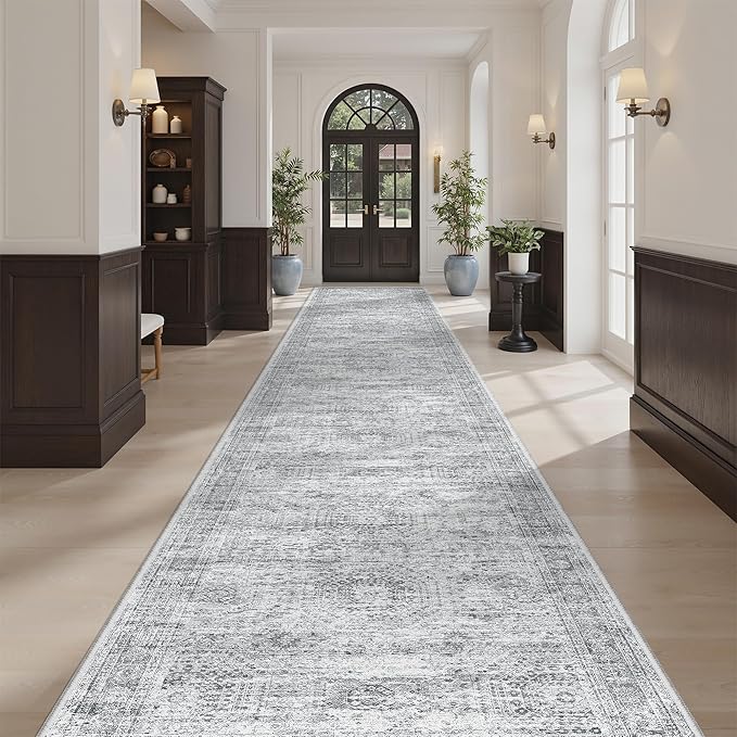 Hallway Runner Rug 3x16 - Vintage Non Slip Washable 16ft Kitchen Runner for Entrance Soft Long Carpet Runners for Living Room Bedroom Dining Room, Grey