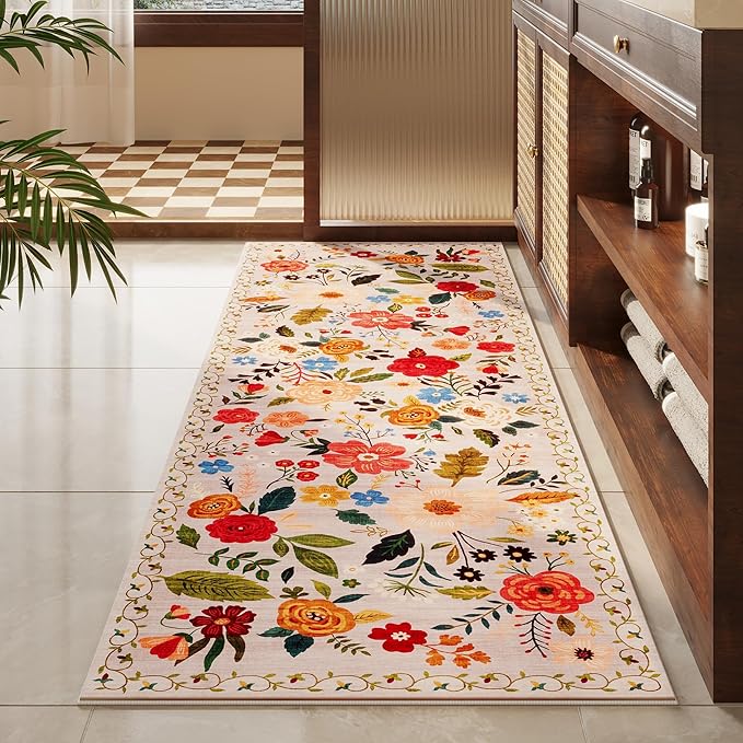 Rugcomf Runner Rug for Hallways Kitchen Rug Non Slip 2'6''x8' Washable Rugs with Rubber Backing Soft Floral Carpet Runner for Hallways, Kitchen, Laundry, Bedroom, Bathroom(Beige)