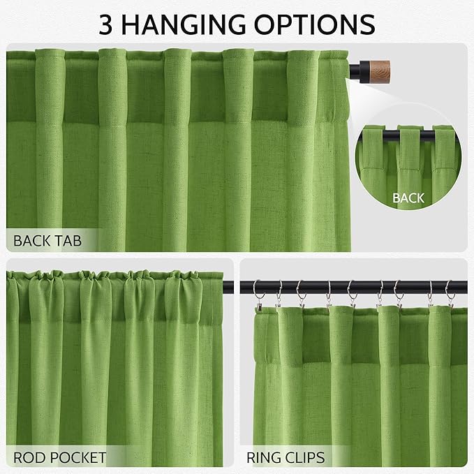 Extra Long Curtain Lime Green Morden Linen Blend Light Filtering Back Tab Curtains for Long Winodws 120 Inches Length, Semi Sheer Privacy Drapes for Living Room, 52x120 inch, 2 Panels