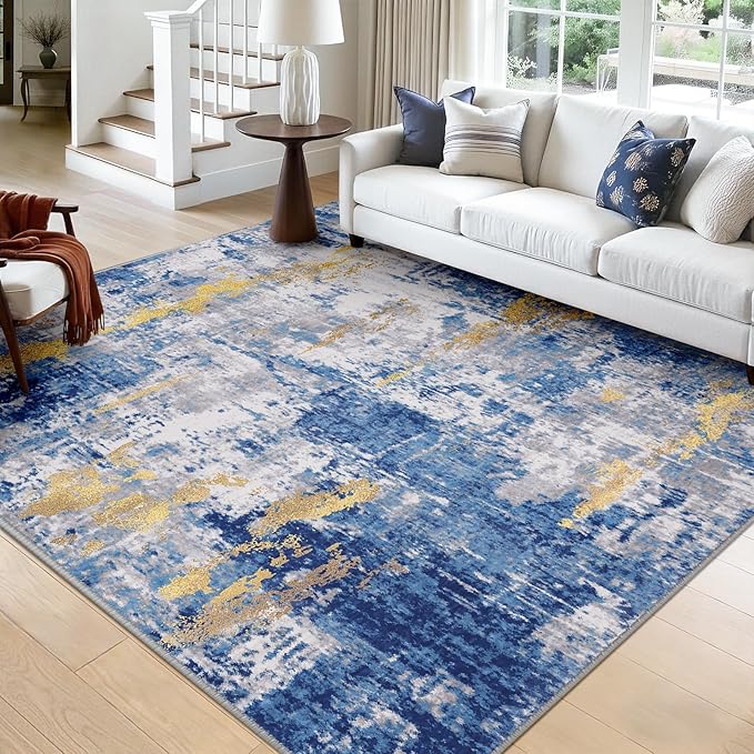 Washable Area Rugs Square 9ft Non-Slip Modern Abstract Soft for Living Room Entryway Bedroom Nursery, Print Pattern, Grey Blue Gold/Golden