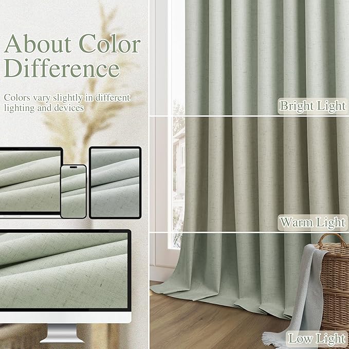 Guken 100% Blackout Curtains 120 Inch Length 2 Panels Set for Living Room Bedroom Back Tab Thermal Insulated Black Out Linen Drapes Room Darkening Window Curtains Mist Sage 52x120